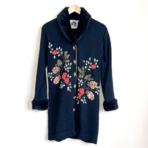 Storybook Knits Holiday Pines Cardi Sweater Size XS Beaded Embroidery Fur Collar - Picture 1 of 11